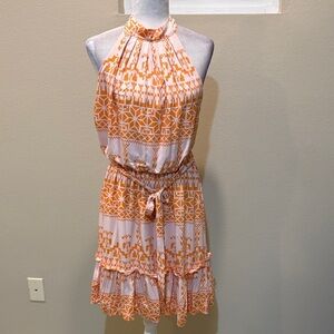 Vibrant Orange Geometric Halter Dress